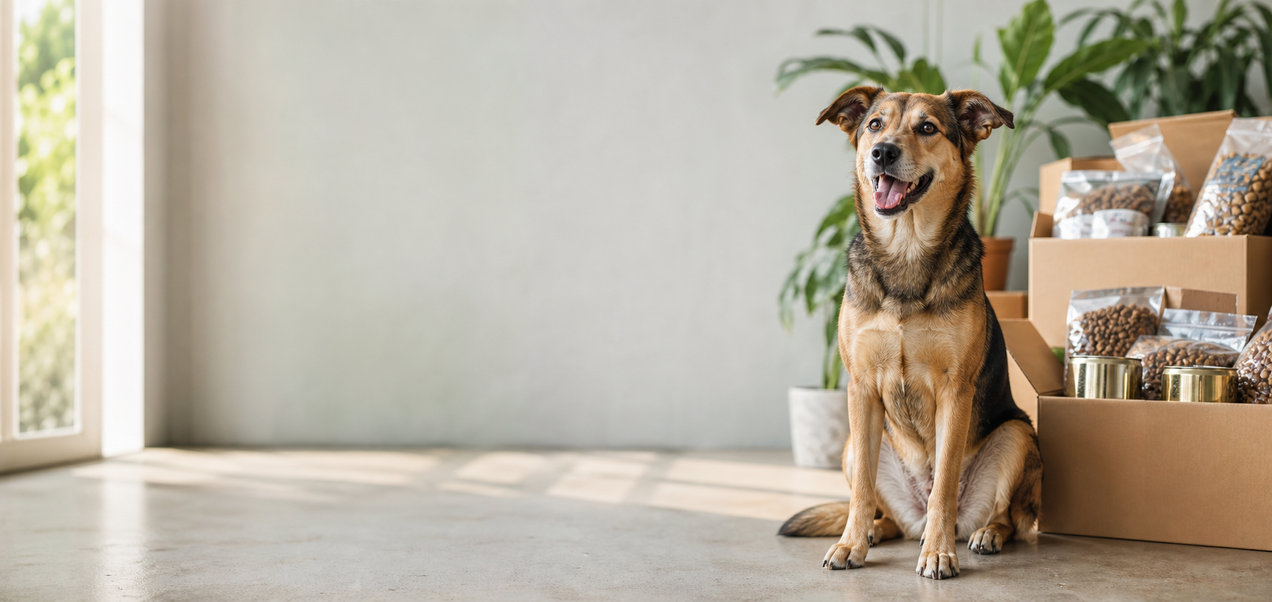 Hund neben gespendetem Tierfutter